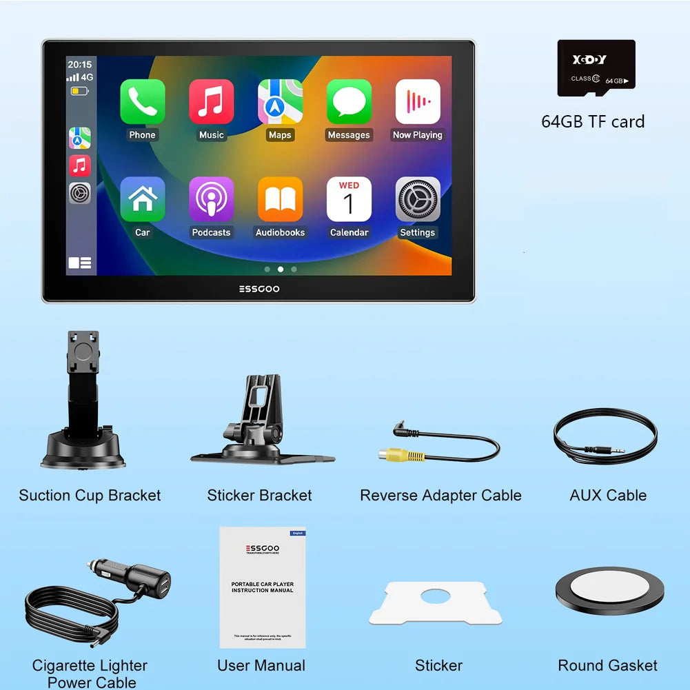 9'' Touch Screen Wireless Apple/Android Carplay with Bluetooth Mirror Link