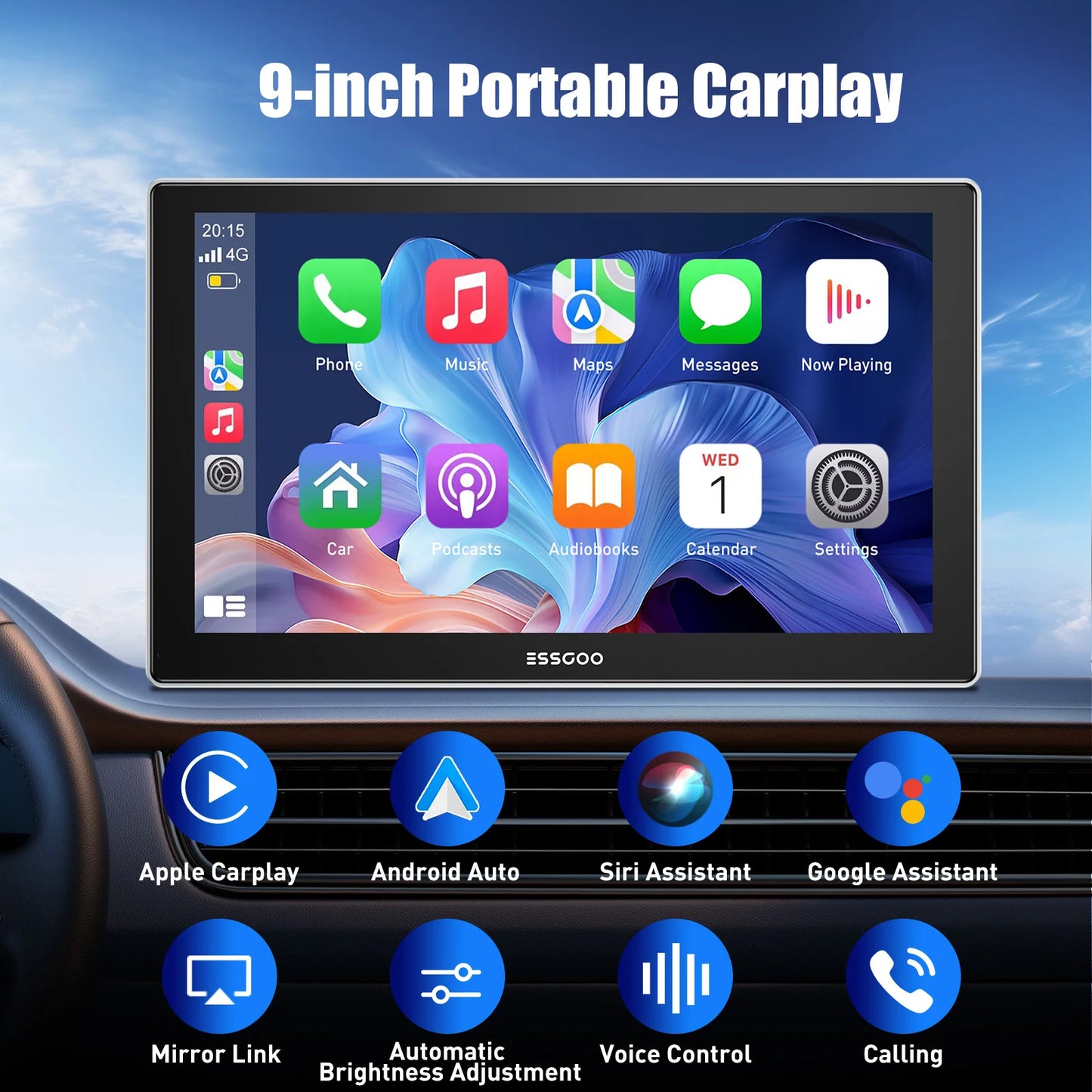9'' Touch Screen Wireless Apple/Android Carplay with Bluetooth Mirror Link