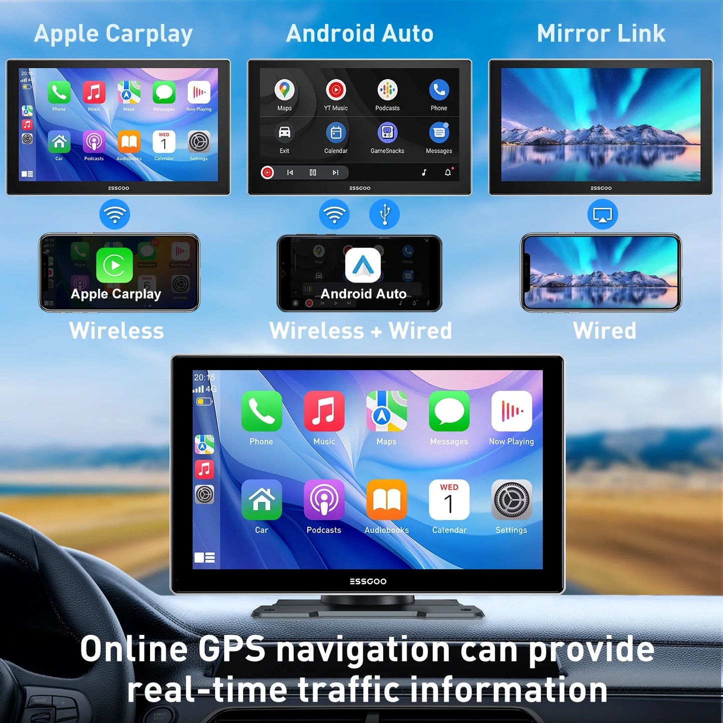 9'' Touch Screen Wireless Apple/Android Carplay with Bluetooth Mirror Link