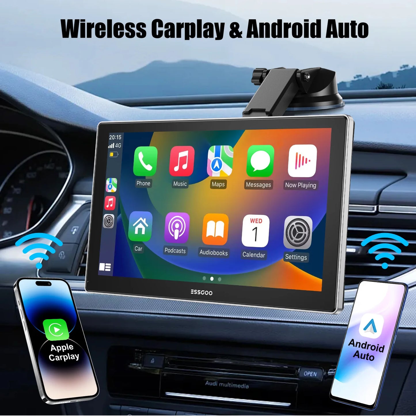 9'' Touch Screen Wireless Apple/Android Carplay with Bluetooth Mirror Link