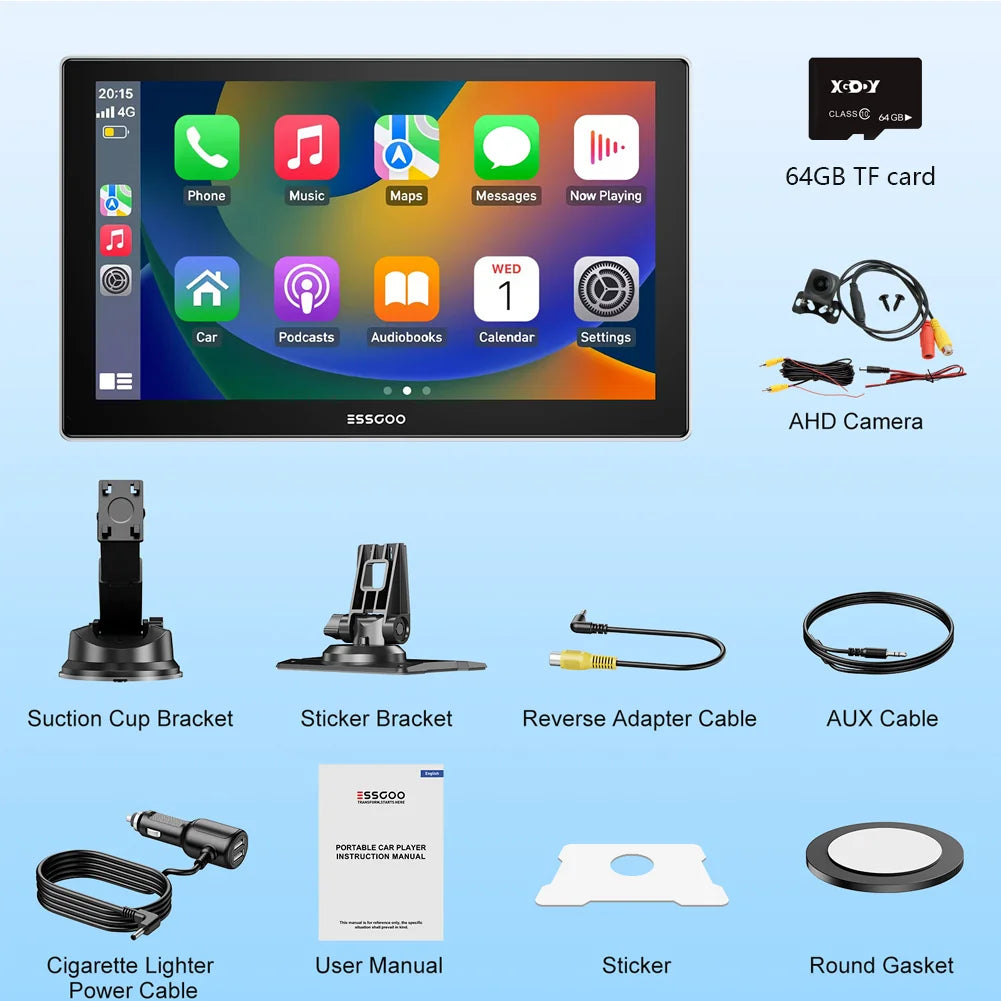 9'' Touch Screen Wireless Apple/Android Carplay with Bluetooth Mirror Link